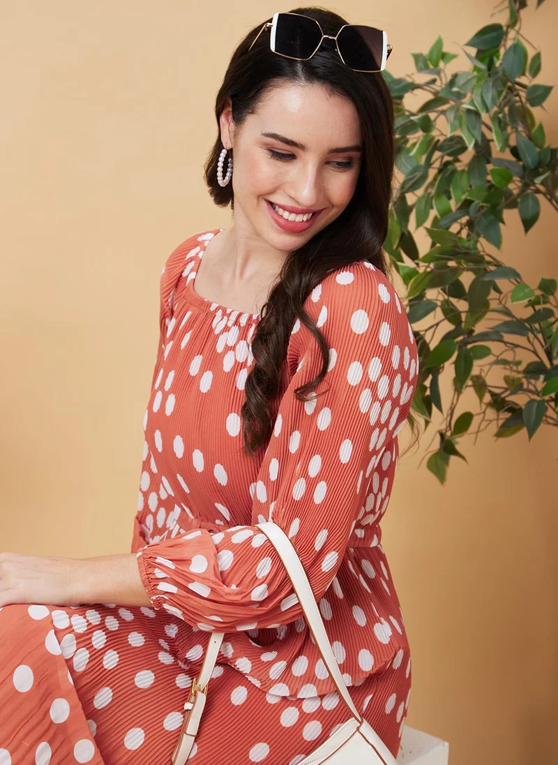 globus Globus Women Brown Polka Dots Printed Tie-Ups Accordion Pleated A-Line Dress